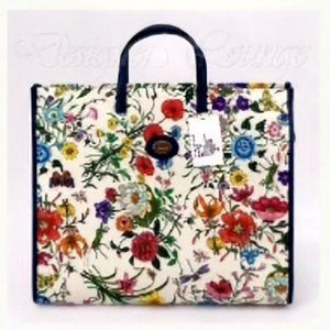 NEW GUCCI GG Logo Flora Canvas Leather Tote Bag